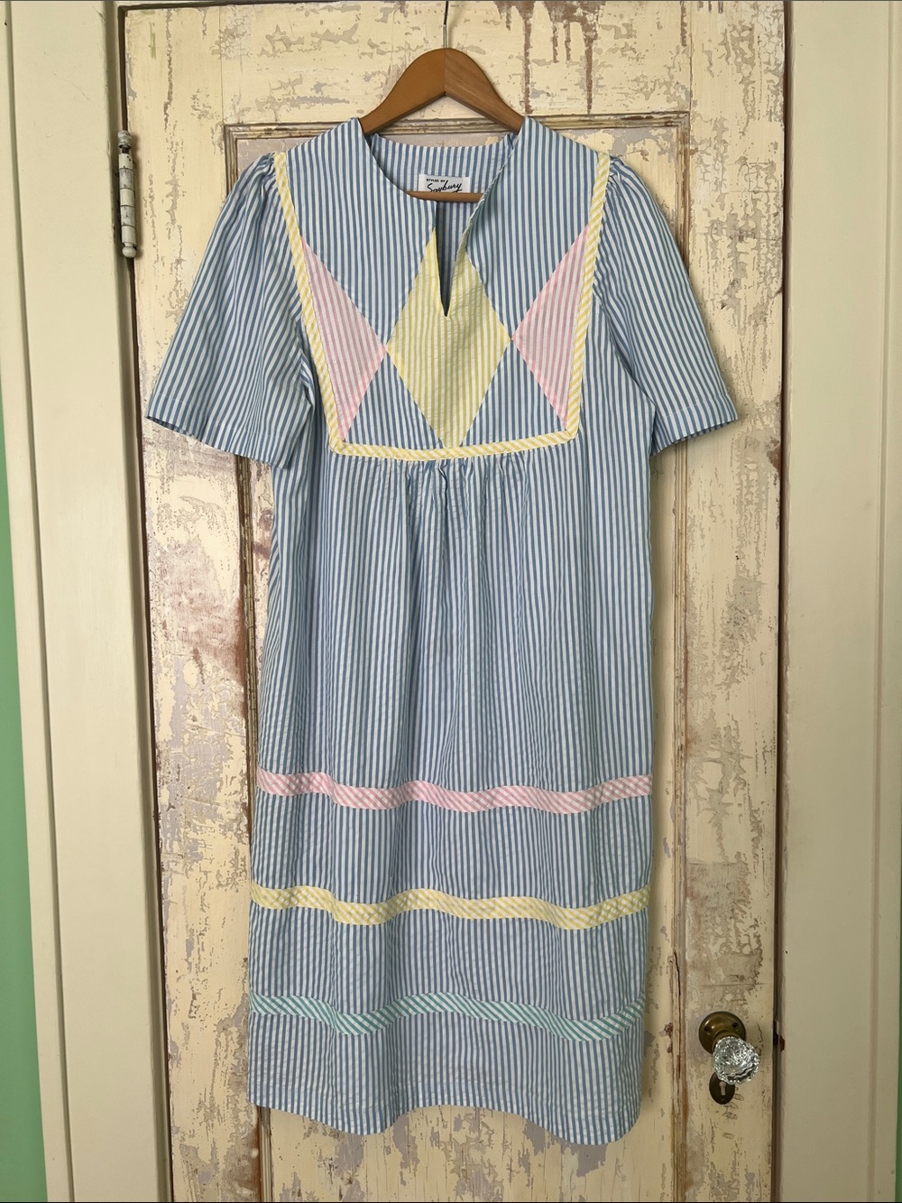 Vintage Seersucker Stripe Dress with Pastel Trim
